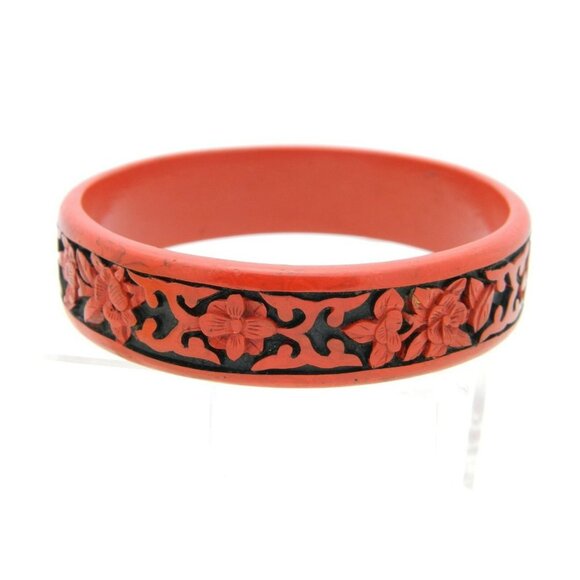 Vintage Faux Cinnabar Deep Carved Flower Bracelet B - Picture 1 of 3